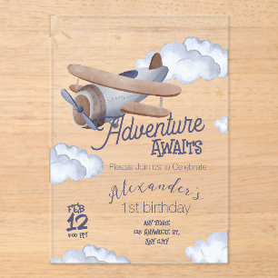 Invitations En Acrylique Aventure de premier anniversaire d'avion vintage m