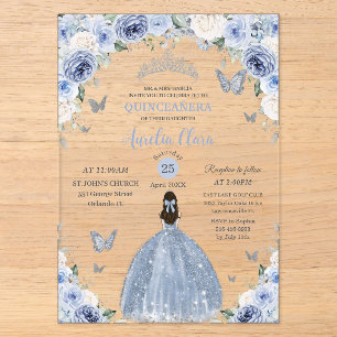 Invitations En Acrylique Baby Blue Blanc Floral Princess Quinceañera XV 16