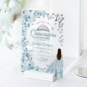 Invitations En Acrylique Baby Blue Fleurs Argentées Quinceanera