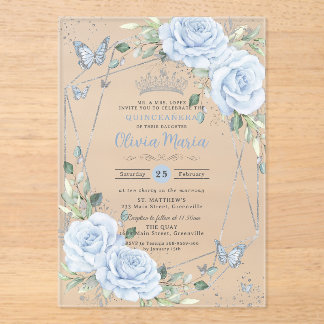 Invitations En Acrylique Baby Blue Floral Butterflies Silver Quinceanera