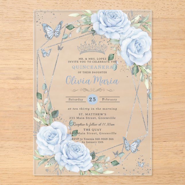 Invitations En Acrylique Baby Blue Floral Butterflies Silver Quinceanera (Recto)