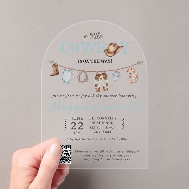 Invitations En Acrylique Baby Blue Little Cowboy is on the Way (In situ (ordinateur de poche))