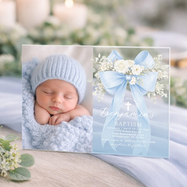 Invitations En Acrylique Baby Boy Baptism Photo Floral Eucalyptus Bow (Créateur téléchargé)