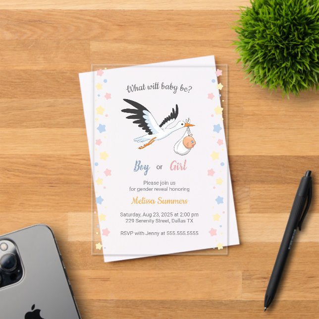 Invitations En Acrylique Baby Boy Girl Stork Genre Reveal Party (Insitu (Carte d'invitation))