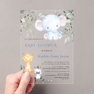 Invitations En Acrylique Baby Elephant and Friends Safari Boy Baby shower