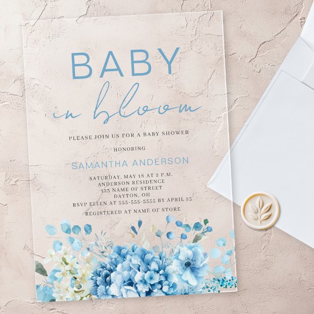 Invitations En Acrylique Baby In Bloom Blue Floral Boy Baby Shower  (Créateur téléchargé)