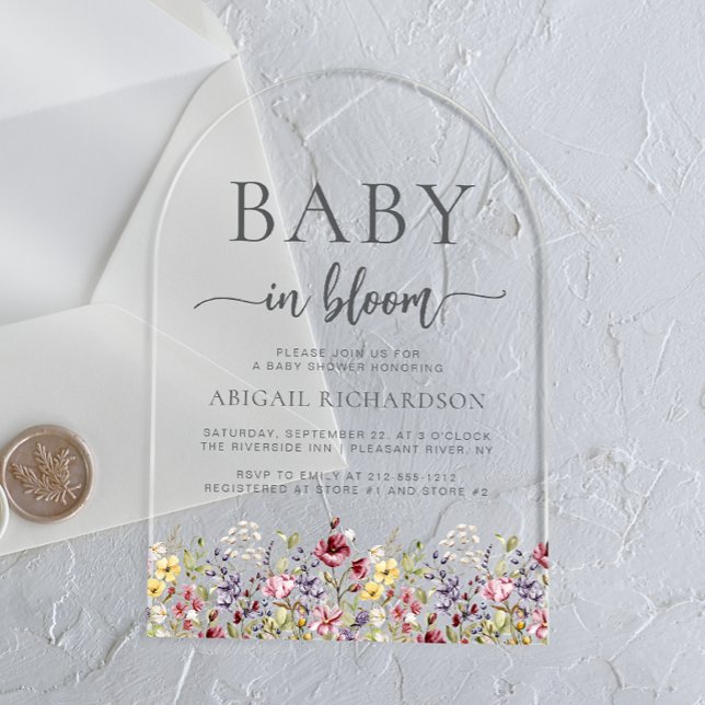Invitations En Acrylique Baby in Bloom Boho Fleur sauvage Arch Baby shower (Créateur téléchargé)