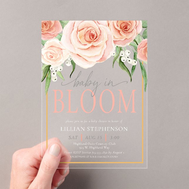 Invitations En Acrylique Baby In Bloom Elegant Pink Floral Baby Shower  (In situ (ordinateur de poche))