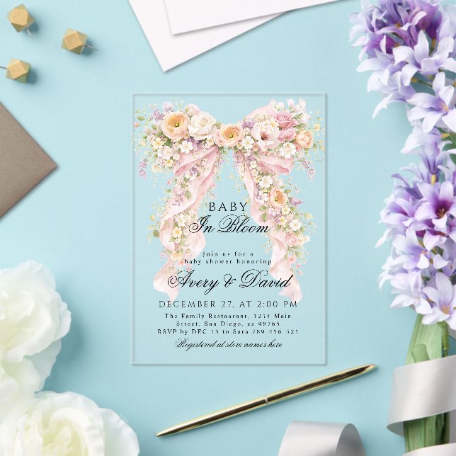 Invitations En Acrylique Baby in bloom Floral Bow Girl Baby Shower  (Insitu (Mariage))
