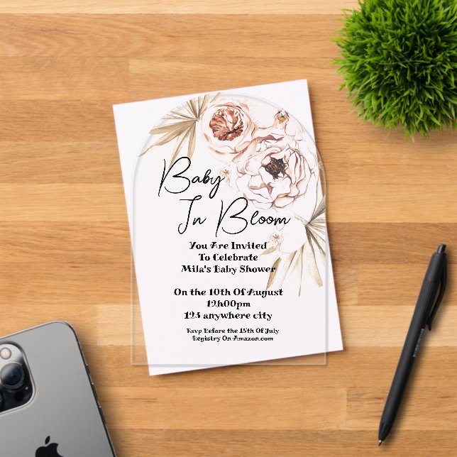 Invitations En Acrylique Baby In Bloom rose floral fille Baby shower (Insitu (Carte d'invitation))