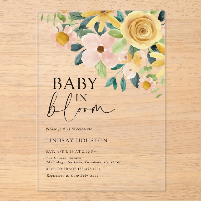 Invitations En Acrylique Baby in Bloom Yellow Floral (Recto)