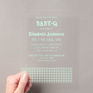 Invitations En Acrylique Baby-Q vert menthe à carreaux Baby Shower