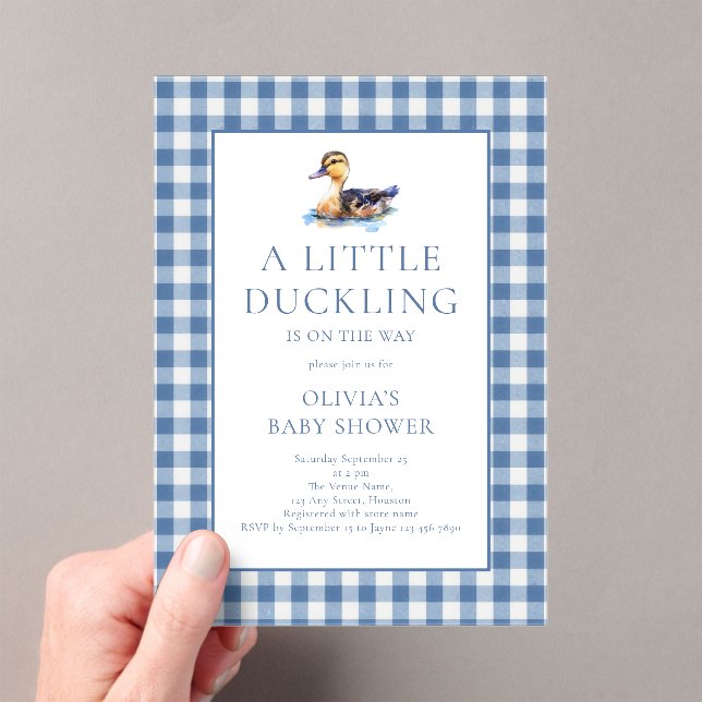 Invitations En Acrylique Baby Shower à carreaux bleus Canard (In situ (ordinateur de poche))