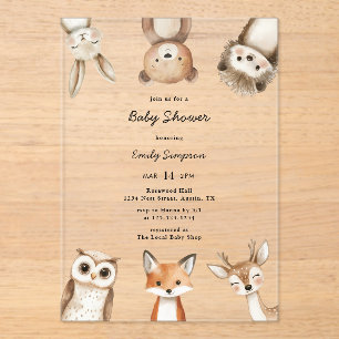 Invitations En Acrylique Baby Shower Animaux de la Forêt à l'Aquarelle