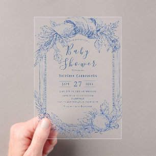 Invitations En Acrylique Baby Shower aquarelle vintage bleu