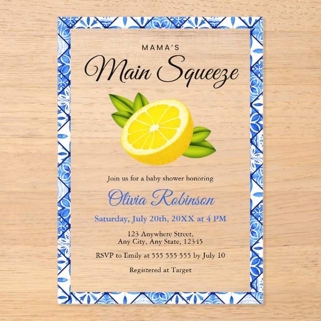 Invitations En Acrylique Baby Shower au Citron Carrelage Bleu Mama's Main S (Recto)