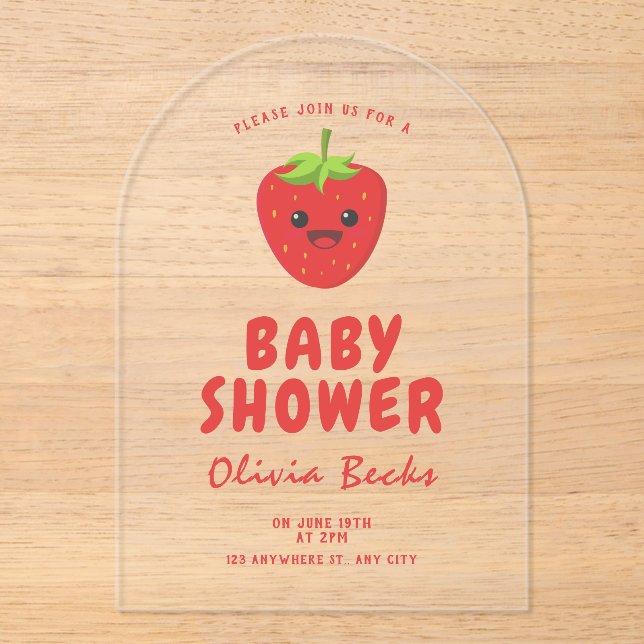 Invitations En Acrylique Baby shower aux fraises Little Cutie (Recto)