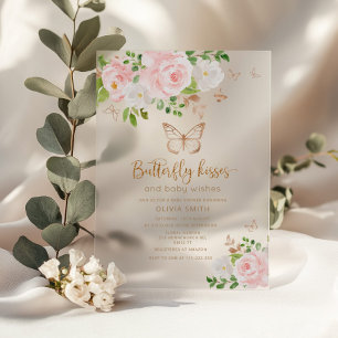 Invitations En Acrylique Baby shower baisers papillon or rose