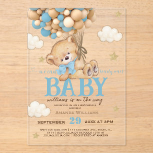 Invitations En Acrylique Baby shower Ballons Bleus Ours Teddy