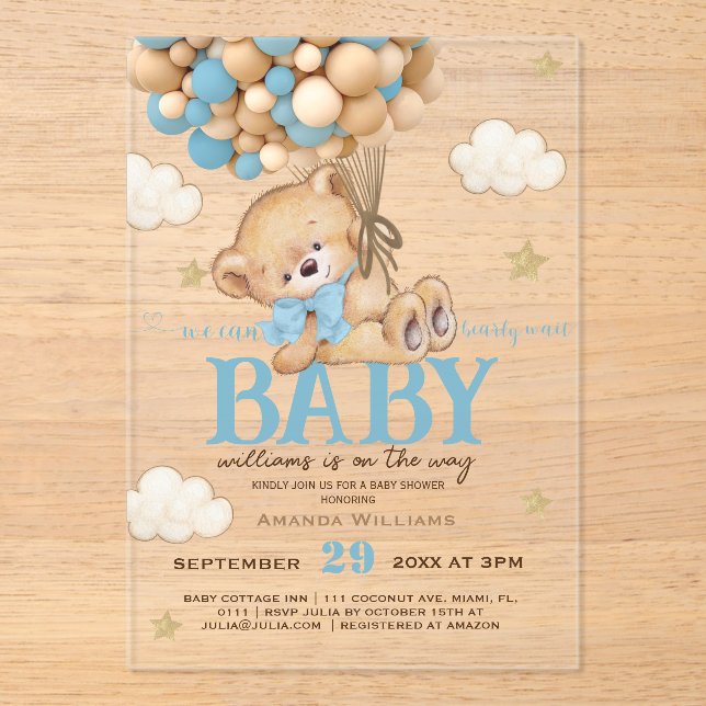 Invitations En Acrylique Baby shower Ballons Bleus Ours Teddy (Recto)
