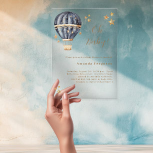 Invitations En Acrylique Baby shower bleu garçon étoiles montgolfière