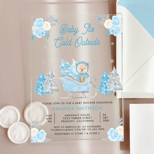 Invitations En Acrylique Baby shower Bleu Sleigh Cute Teddy Bear (Créateur téléchargé)
