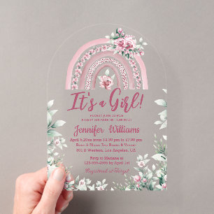 Invitations En Acrylique baby shower bohème rose fille arc-en-ciel floral