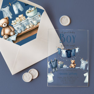 Invitations En Acrylique Baby shower Boho Clothesline Blue Sweet Boy