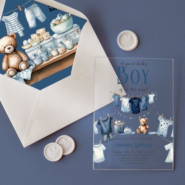 Invitations En Acrylique Baby shower Boho Clothesline Blue Sweet Boy (Créateur téléchargé)