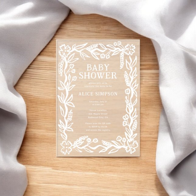 Invitations En Acrylique Baby shower botanique tiré à la main (Créateur téléchargé)