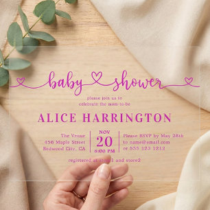 Invitations En Acrylique Baby Shower Calligraphié Minimaliste Rose