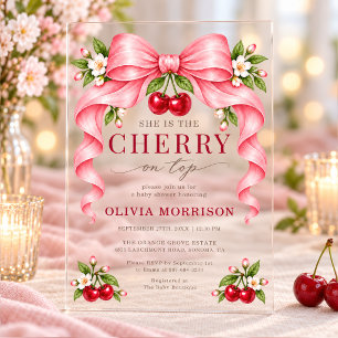 Invitations En Acrylique  Baby Shower Cerise sur le dessus Ruban Rose