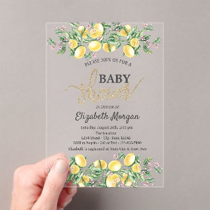 Invitations En Acrylique Baby shower Chic aux citrons aquarelle
