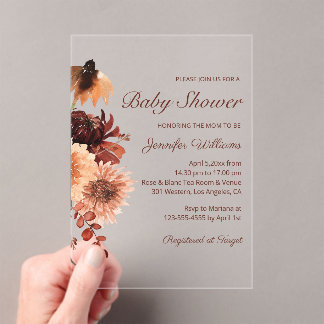 Invitations En Acrylique Baby Shower Chic Terracotta Rouille Floral Automne