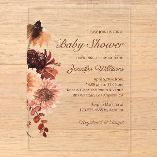 Invitations En Acrylique Baby Shower Chic Terracotta Rouille Floral Automne