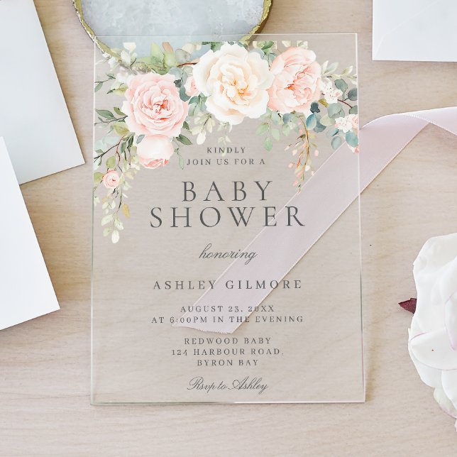 Invitations En Acrylique Baby shower d'aquarelle florale et ivoire (Créateur téléchargé)