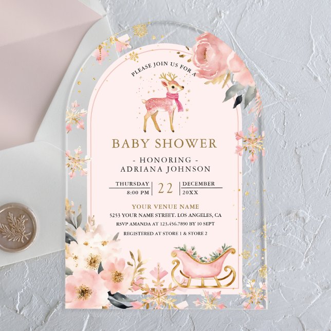 Invitations En Acrylique Baby shower d'arche de Pink Deer Winter Wonderland (Créateur téléchargé)