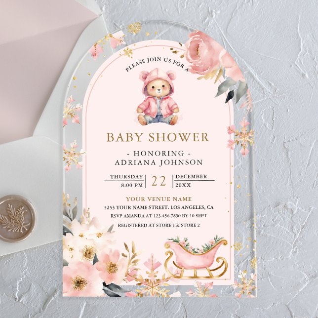 Invitations En Acrylique Baby shower d'arche d'ours en peluche d'hiver rose (Créateur téléchargé)