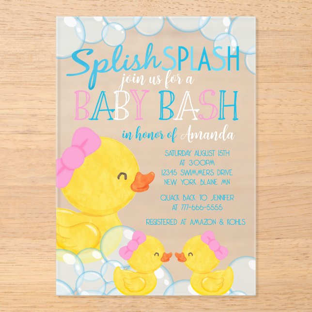 Invitations En Acrylique Baby shower de canard jumelé givré (Recto)