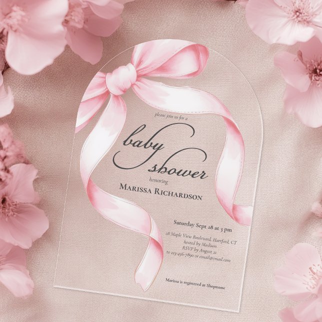Invitations En Acrylique Baby shower de fille à la cou rose (girly pink coquette bow baby shower acrylic invitation with elegant script calligraphy)