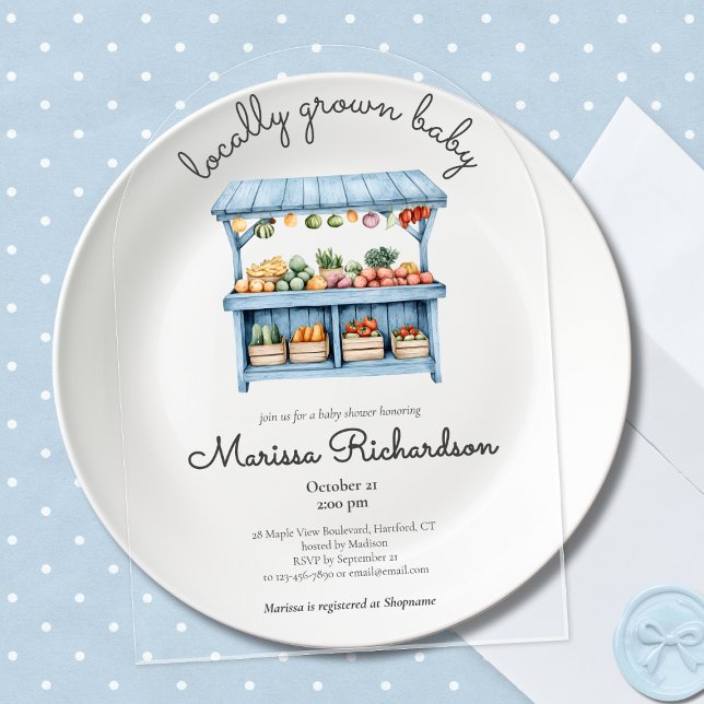 Invitations En Acrylique Baby shower de garçons du marché agricole (blue farmers market locally grown baby boy shower acrylic invitation, rustic garden party picnic)