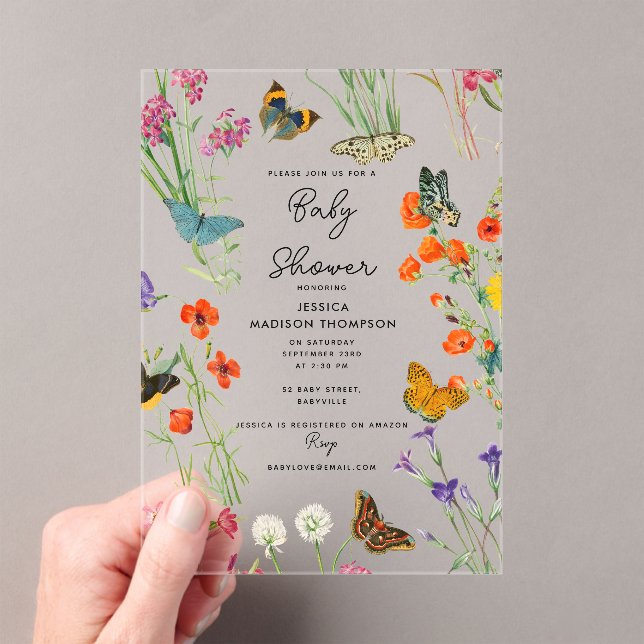 Invitations En Acrylique Baby shower de papillons Fleur sauvage aquarelle (In situ (ordinateur de poche))