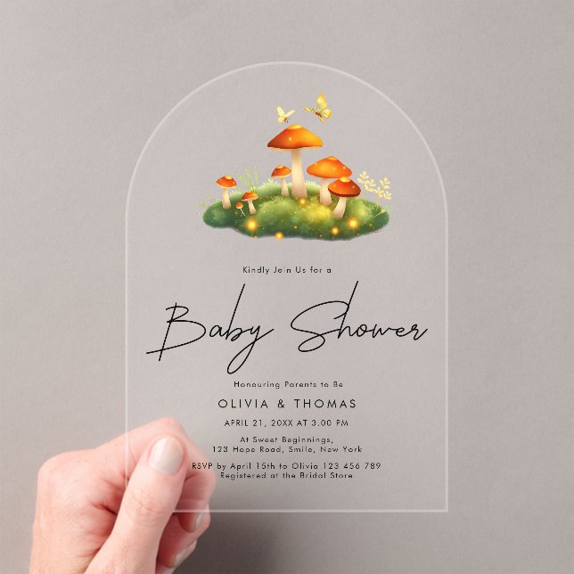 Invitations En Acrylique Baby shower de script de champignons modernes tend (In situ (ordinateur de poche))