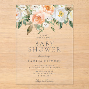 Invitations En Acrylique Baby shower d'été de printemps floral de pêches et