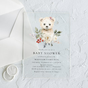 Invitations En Acrylique Baby shower d'hiver de l'ours polaire à l'aquarell