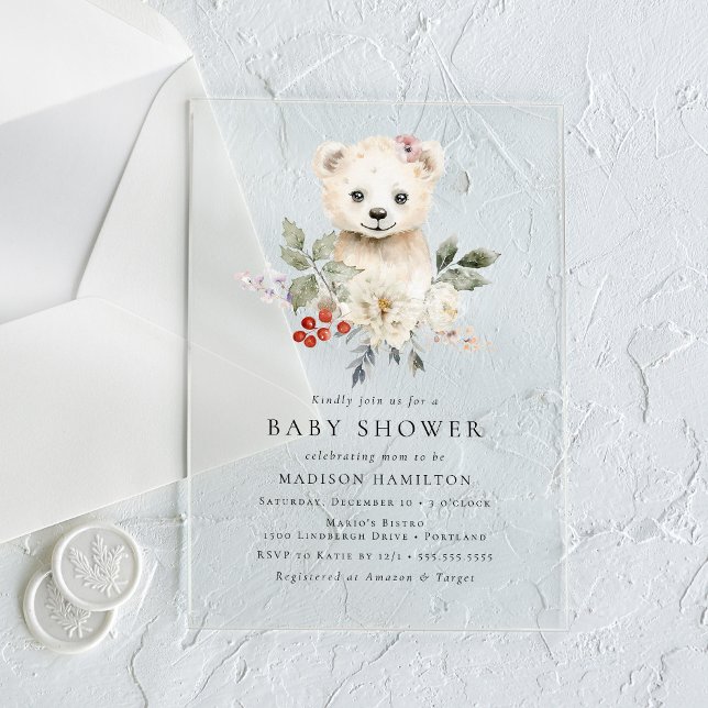 Invitations En Acrylique Baby shower d'hiver de l'ours polaire à l'aquarell (Créateur téléchargé)