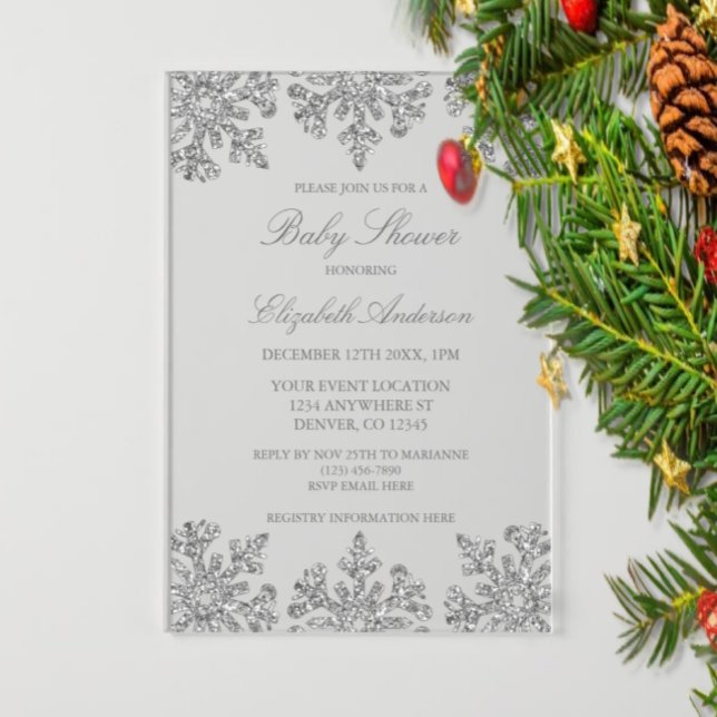 Invitations En Acrylique Baby shower d'hiver Silver Snowflake (Créateur téléchargé)
