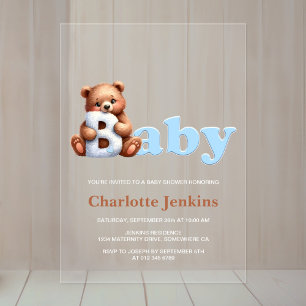 Invitations En Acrylique Baby shower d'ours bleu Teddy