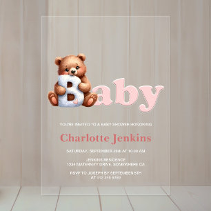 Invitations En Acrylique Baby shower d'ours en peluche rose