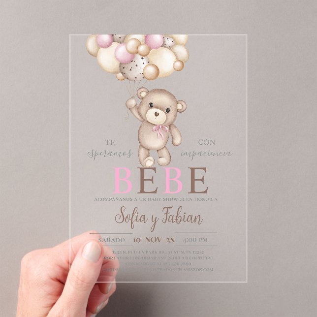 Invitations En Acrylique Baby shower d'ours rose acrylique fille espagnole (In situ (ordinateur de poche))